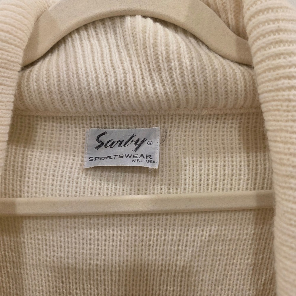Vintage Sarby Sportswear Greek Key Shawl Collar Cardigan Mens L Cream Blue Heavy - Picture 2 of 11